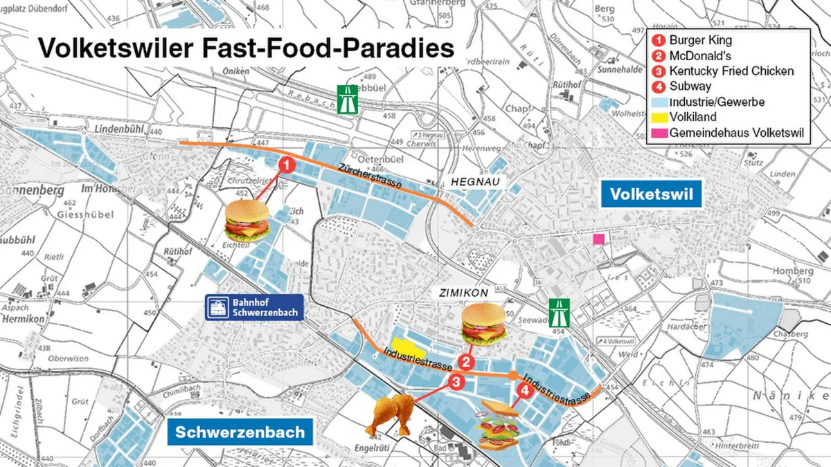 Vier Fast-Food-Angebote zwischen Hegnau und Autobahn. (Karte: Lene Zalokar)