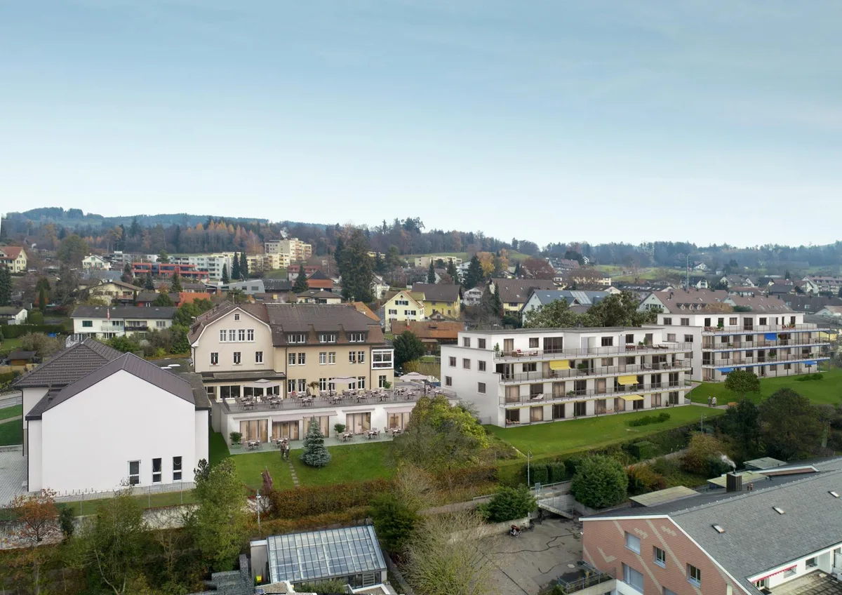 visualisierung%20stand%202018-11-29_preview Kirche, Pflegeheim und Alterssiedlung liegen direkt nebeneinander. , Die Gebäude mit den Alterswohnungen sollen nun neu gebaut werden (gelbe und blaue Sonnendächer).