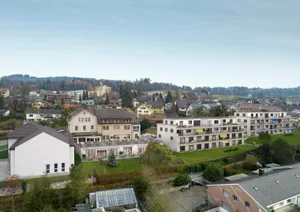visualisierung%20stand%202018-11-29_preview Kirche, Pflegeheim und Alterssiedlung liegen direkt nebeneinander. , Die Gebäude mit den Alterswohnungen sollen nun neu gebaut werden (gelbe und blaue Sonnendächer).