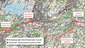 web_tunnel_wetzikon_hinwil_preview Der Plan zeigt den Streckenverlauf der beiden Varianten Richtplanprojekt und «Tunnel tief» für die Oberlandautobahn.