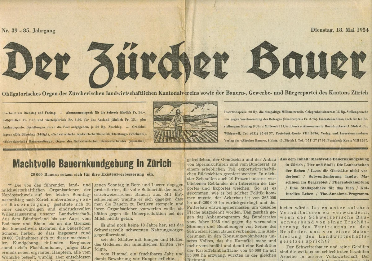 13_z%c3%bcrcher%20bauer%201954_preview_0 Der «Zürcher Bauer» war das offizielle Publikationsorgan der Bauern-, Gewerbe- und Bürgerpartei (BGB)., Titelseite des Protokolls des Bauernbundes Sektion Wyla 1891 bis 1895.