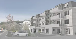 hittnaucare_visualisierung_preview Neubau statt Kiesparkplatz: Im Sommer 2022 soll das neue Ärztehaus bezogen werden können.