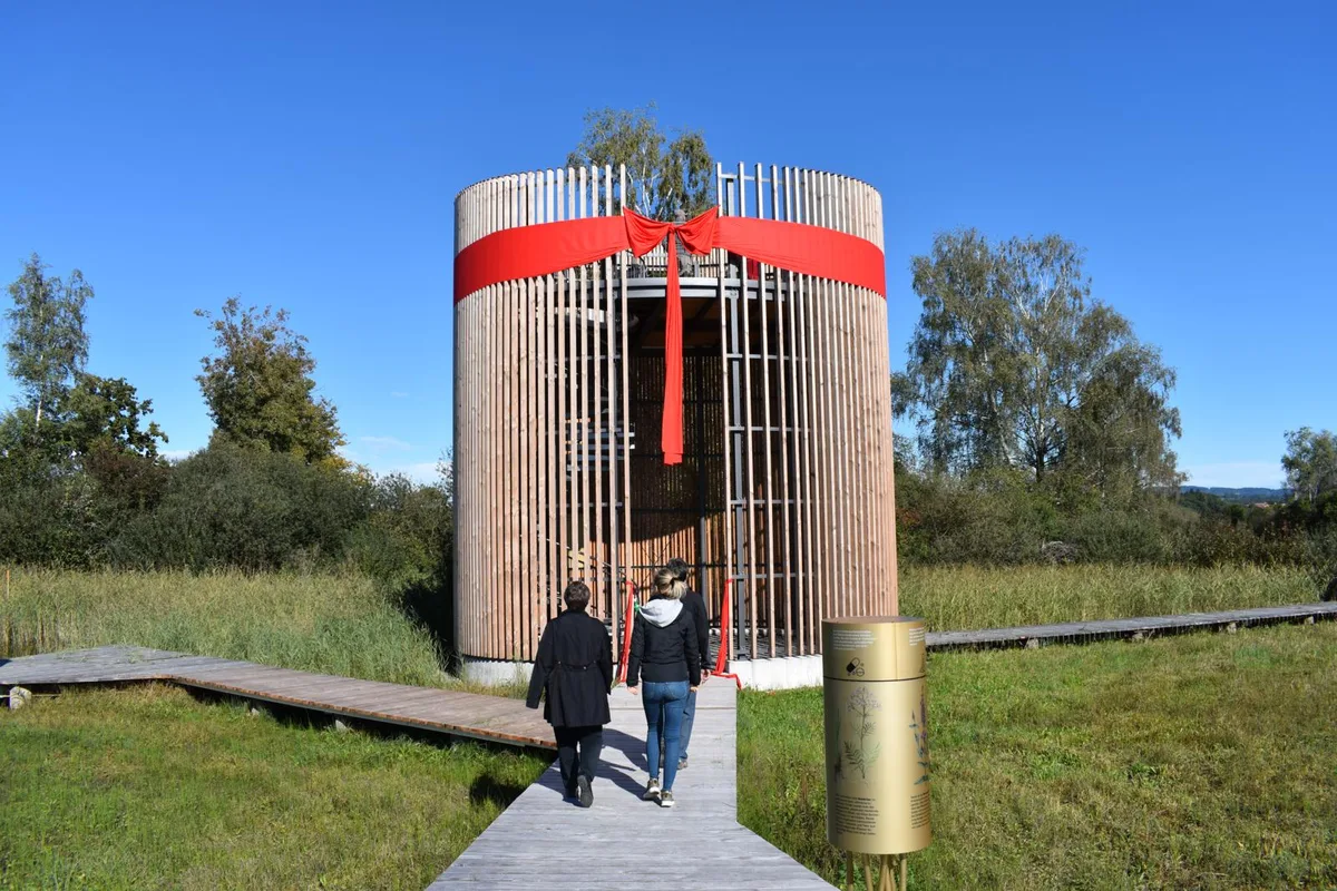 0410_stocklen_gau_5_preview Blickfang des neu angelegten Erlebnispfades ist der Aussichtsturm. (Foto: gau), Projektleiterin Ute Schnabel-Jung, Geschäftsführerin der Greifensee-Stiftung, auf dem Aussichtsturm. (Foto gau), Eine Besucherin studiert die drehbare Informationstafel, auf der die Wassertierchen abgebildet sind. (Foto: gau), Legende: Besucher haben im wenige Zentimeter tiefen Wasser ein Tierchen entdeckt. (Foto: gau), Ein Vater hört mit seinen Kindern zu, wie Frösche und Kröten tönen. (Foto: gau)