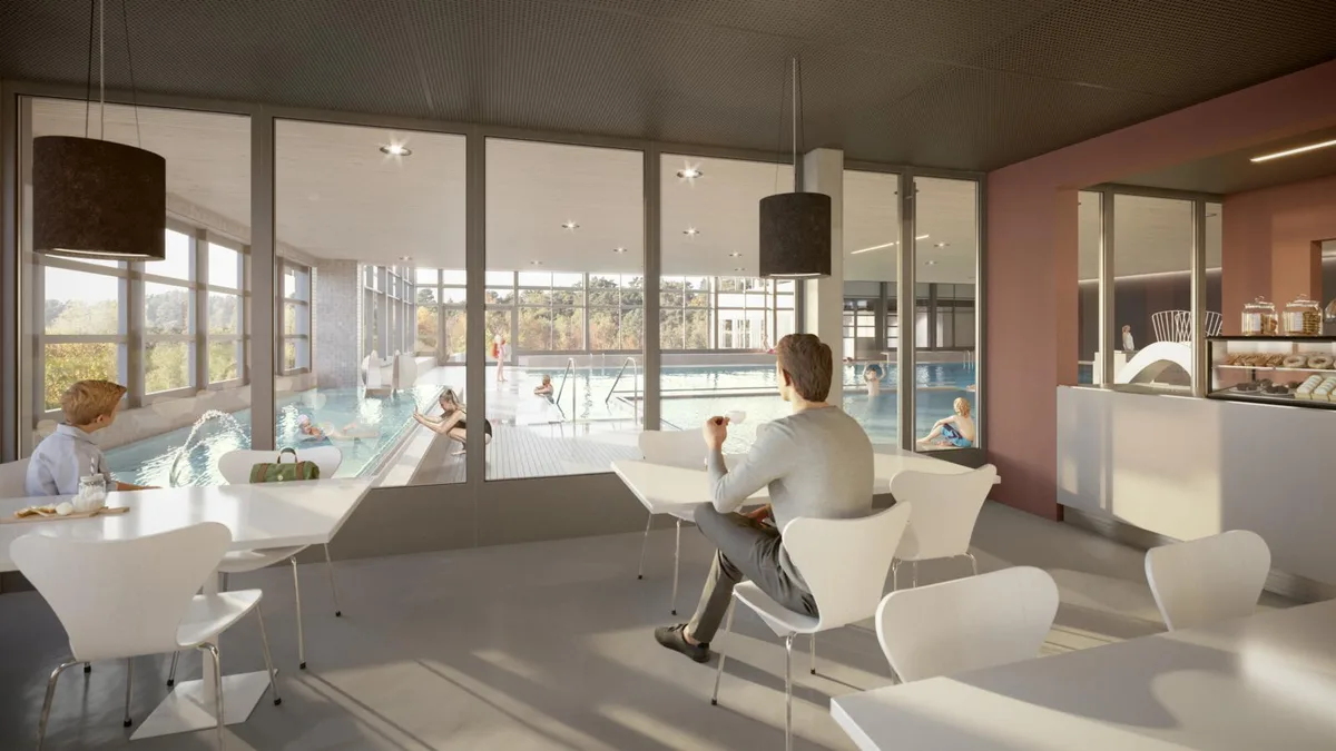 Die Ideen für das neue Bistro sorgten für heftige Diskussionen., Das Foyer soll künftig offen und hell gestaltet sein., Der rote Pfeil zeigt den neuen Zugang zum Bad.