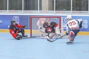 _mg_0328_preview Bis am Sonntag findet in Effretikon die Junioren-EM im Inlinehockey statt., Vertreten sind auch die Schweizer U16- und U18-Nationalmannschaft. Hier die Letztere im Spiel gegen die Slowakei., Inlinehockey hat viele Ähnlichkeiten mit Eishockey., Die Schweizer bejubeln ein Tor., Verbandspräsident Roger Knuchel (Mitte) an der Ehrung der besten Spieler des Spiels Schweiz gegen die Slowakei.