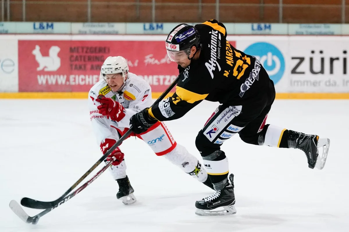 sport_13112019_eishockeywetzikonherisau_dku__7__preview Captain Nicolas Marzan (rechts) eröffnete für den EHC Wetzikon in Luzern das Skore.