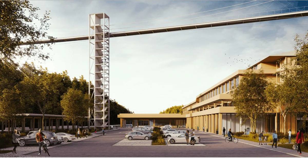 Zukunftsmusik: So soll es beim Bahnhof Aathal mit angepasstem Bauprojekt und neuer Brücke aussehen. , Vom Bahnhof Aathal aus gesehen könnte sich der Wohn- und Gewerbekomplex so zeigen. , Der Plan zeigt, wo die Überbauung zu liegen kommen soll. , Auf diesem Areal mitten im Aatal soll die Grossüberbauung zu stehen kommen.