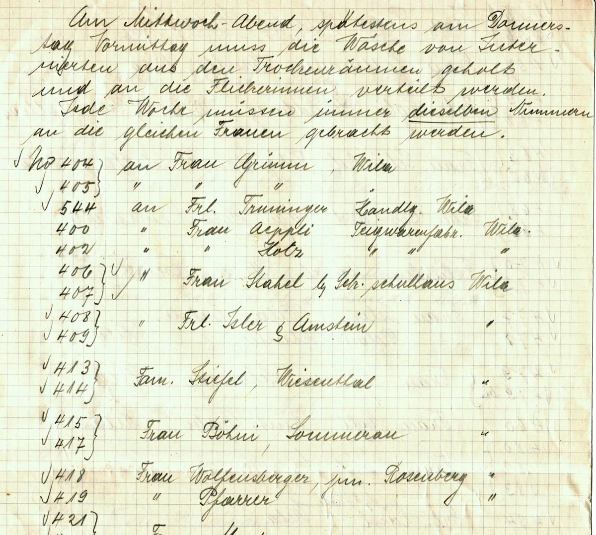 Auf dem Bild sieht man eine Liste aus dem Archiv des Frauenvereins Wila.