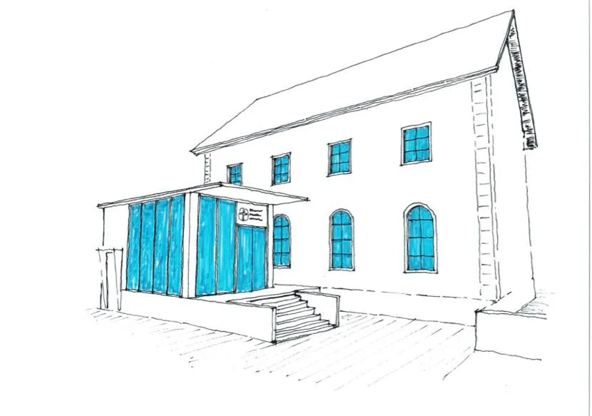 Man sieht eine wohl von Hand gezeichnete Visualisierung, wie die Kapelle dereinst aussehen soll. Vorne sieht man den neuen Eingang via einen Pavillon.