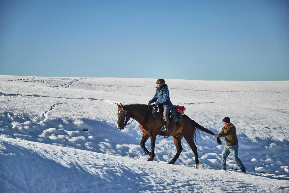 Das Bild zeigt eine Schneelandschaft in Bäretswil und Heidi Feldmann auf ihrem Pferd Spirit und ihr Partner René Spirit hält sich am Schweif fest.