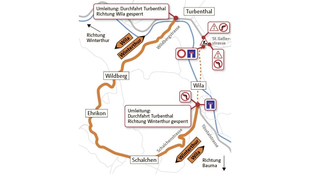 Die Grafik zeigt schematisch die Umfahrungsstrecke vom Zentrum Turbenthal bis Wila.