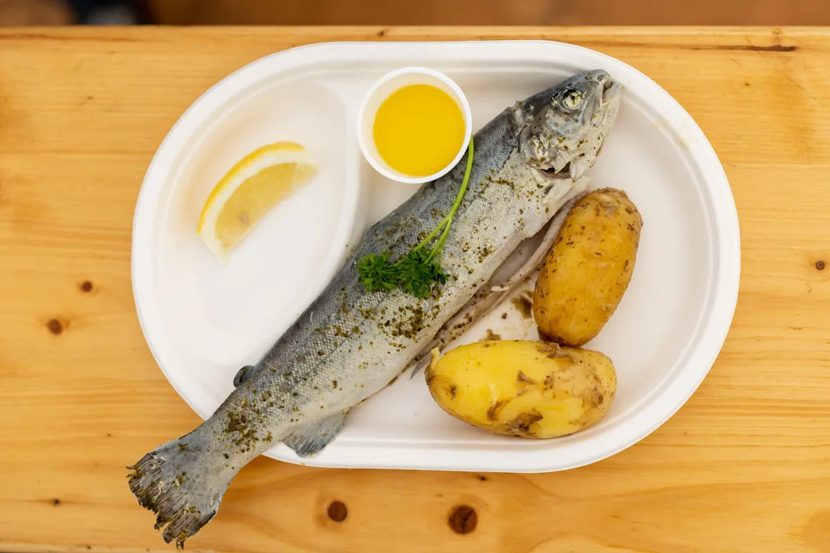Ein Fisch auf dem Teller mit Kartoffeln.