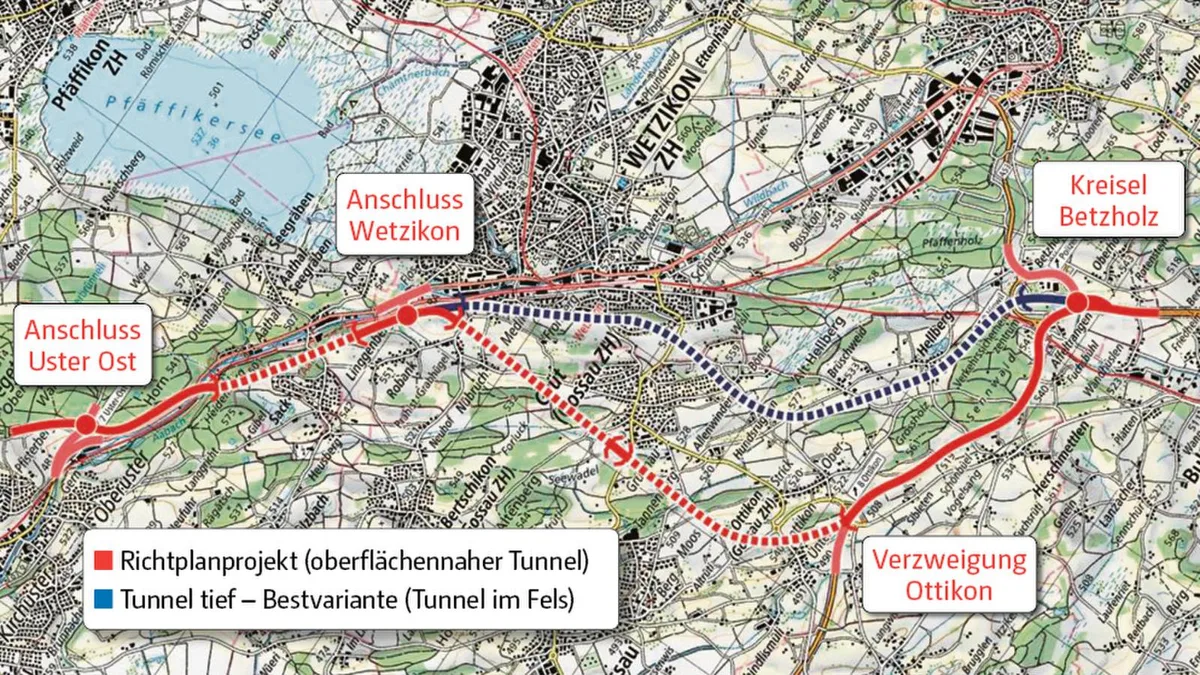 Die Grafik zeigt die beiden zur Diskussion stehenden Varianten für die Oberlandautobahn. (Grafik: Amt für Verkehr)