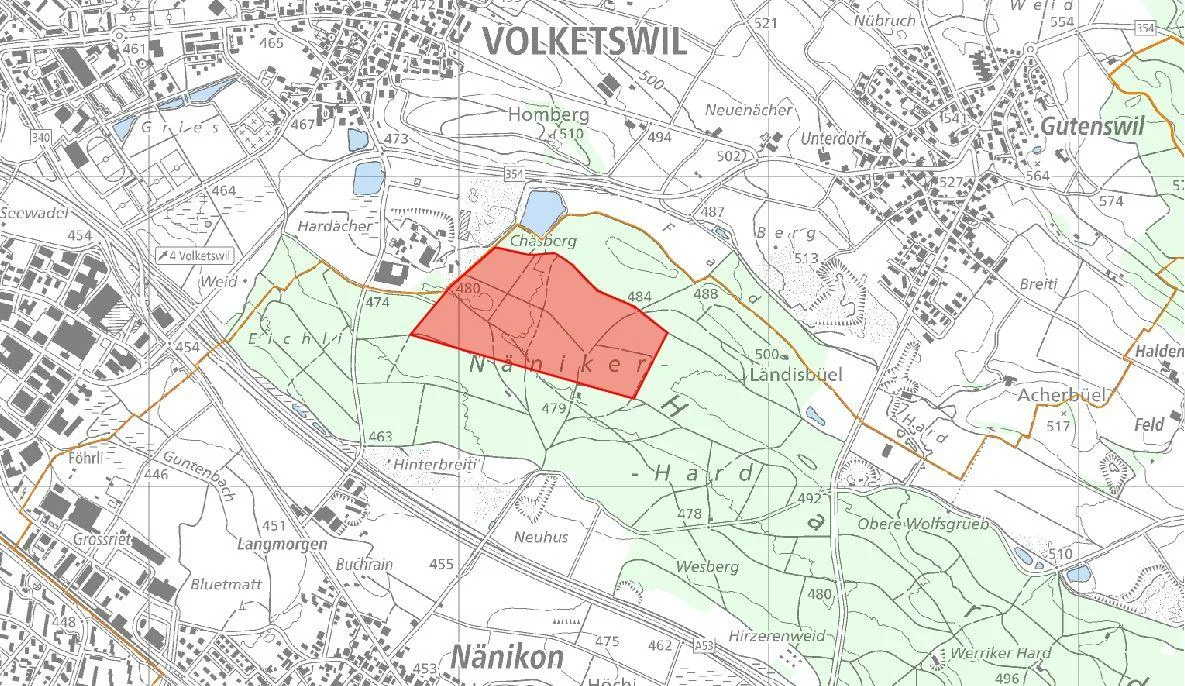 Auf der rot eingerahmten Fläche im Hardwald, die der Stadt Uster gehört, sollte ursprünglich Kies abgebaut werden. (Plan: GIS)