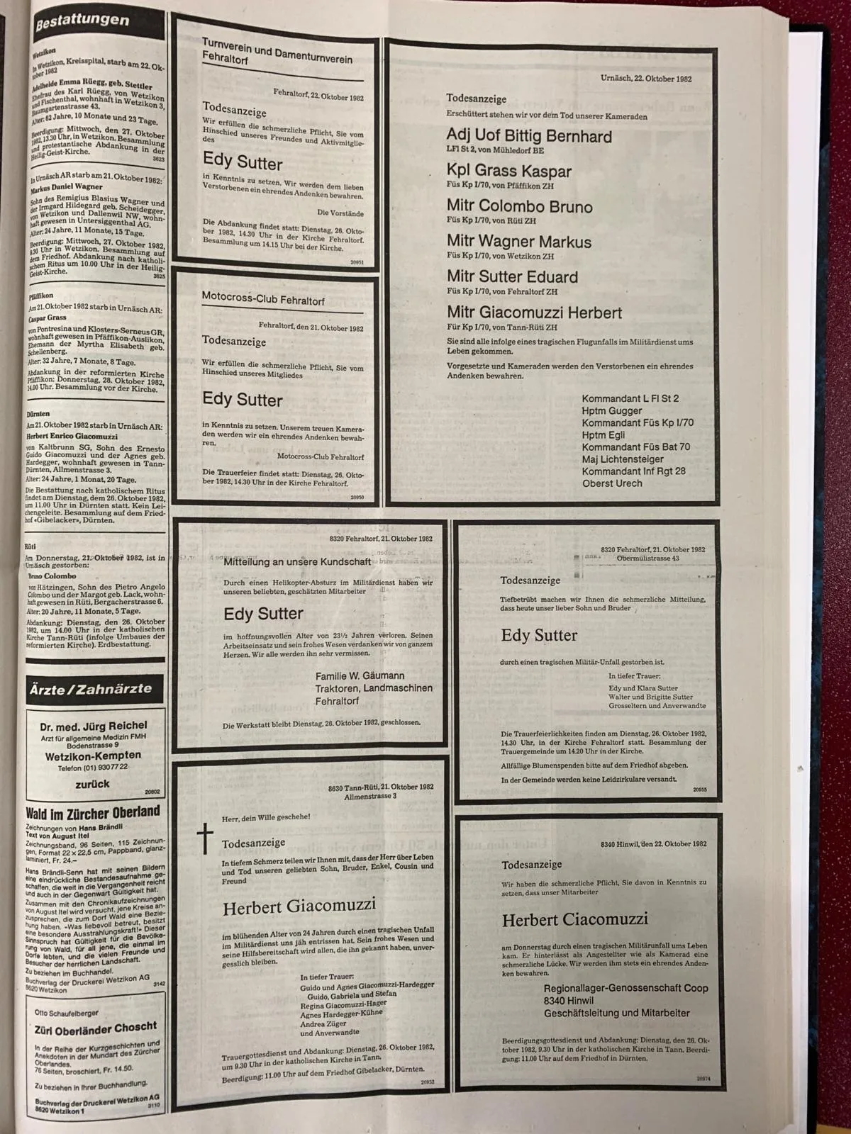 Die Todesanzeigen für die verunglückten Soldaten füllten im Zürcher Oberländer mehrere Seiten. Foto: ZO