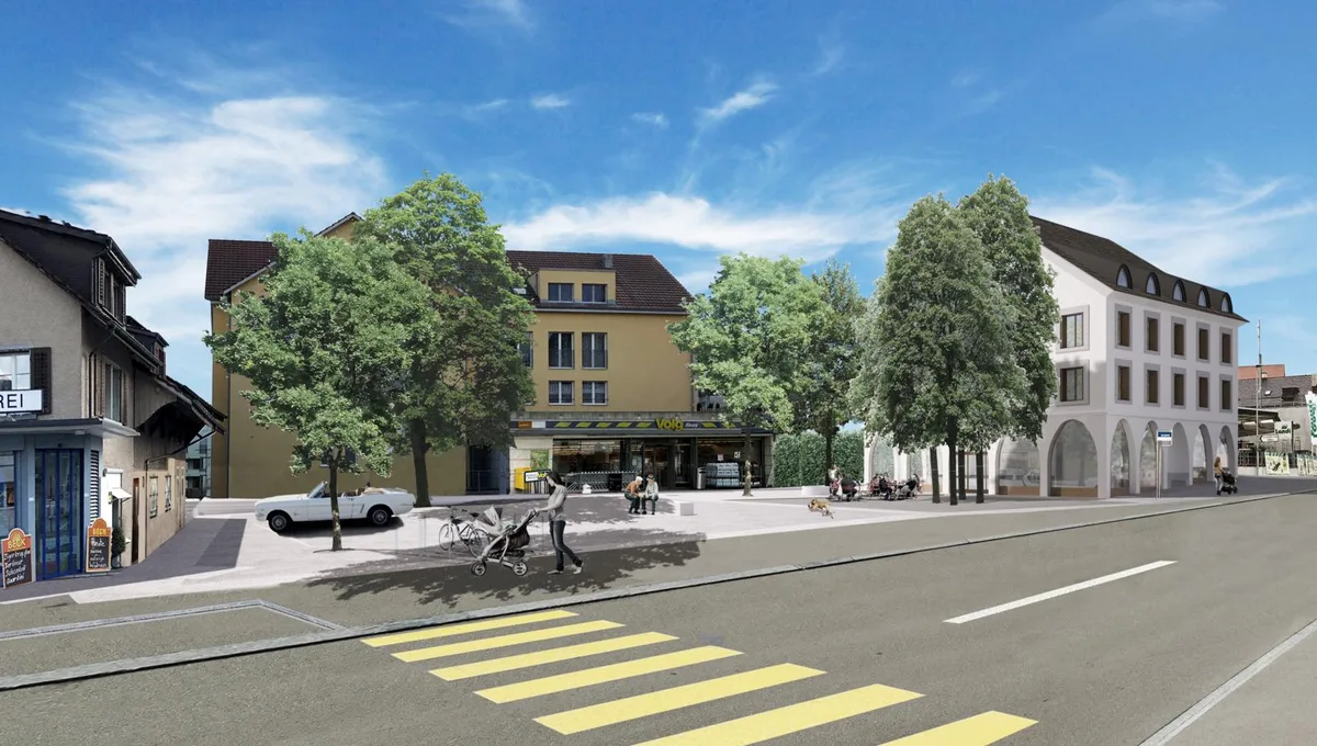 Visualisierung des Dorfplatz Illnau mit einem Neubau an der Usterstrasse 23.