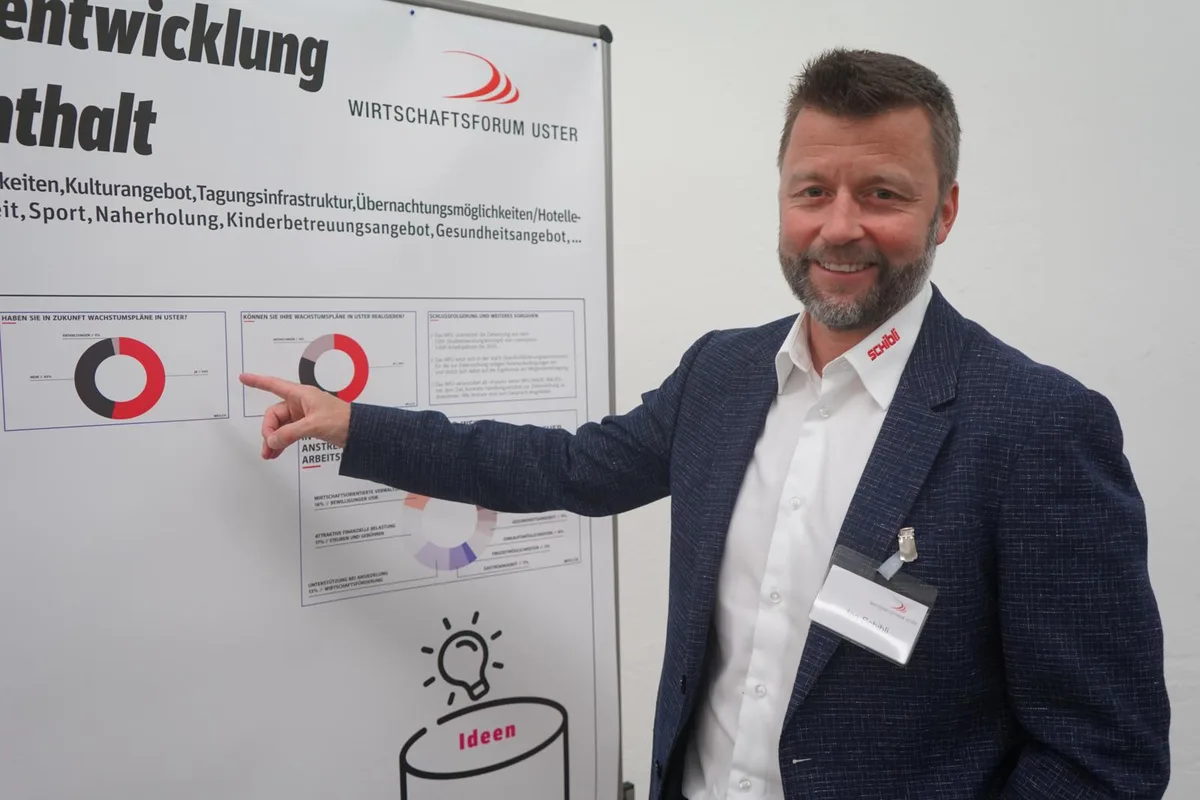 Jan Schibli sagt, dass viele Firmen Wachstumspläne in Uster hätten., Gianluca Di Modica führt als Hauptmoderator durch den Abend., In vier Gruppen wird zu Themen wie Verkehr und Zentrumsentwicklung diskutiert., Jan Schibli und Barbara Thalmann brainstormen zu Finanzen und Verwaltung der Zukunft., Auffallend viele Gäste sind in der Verwaltung tätig., Zum Schluss können alle mit Klebern Prioritäten setzen.