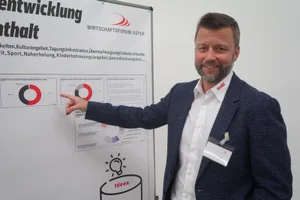 dsc03782_preview Jan Schibli sagt, dass viele Firmen Wachstumspläne in Uster hätten., Gianluca Di Modica führt als Hauptmoderator durch den Abend., In vier Gruppen wird zu Themen wie Verkehr und Zentrumsentwicklung diskutiert., Jan Schibli und Barbara Thalmann brainstormen zu Finanzen und Verwaltung der Zukunft., Auffallend viele Gäste sind in der Verwaltung tätig., Zum Schluss können alle mit Klebern Prioritäten setzen.