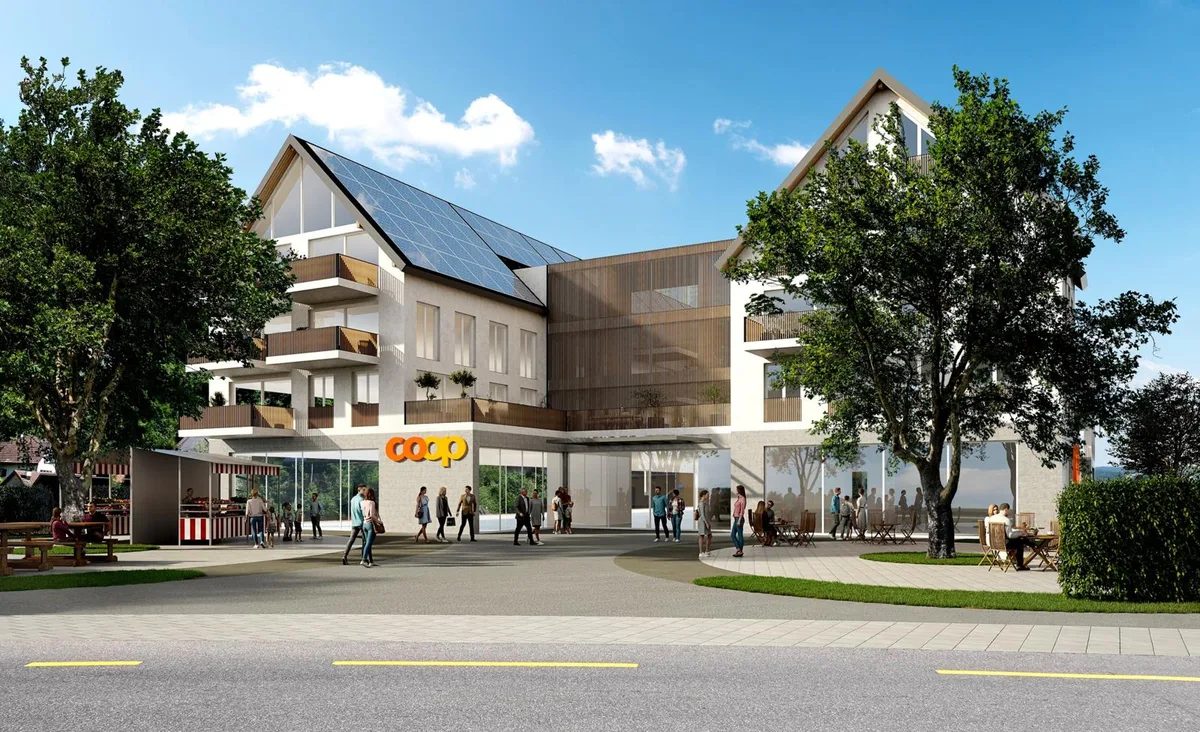 Man sieht eine Visualisierung der Coop-Filiale in Bauma.