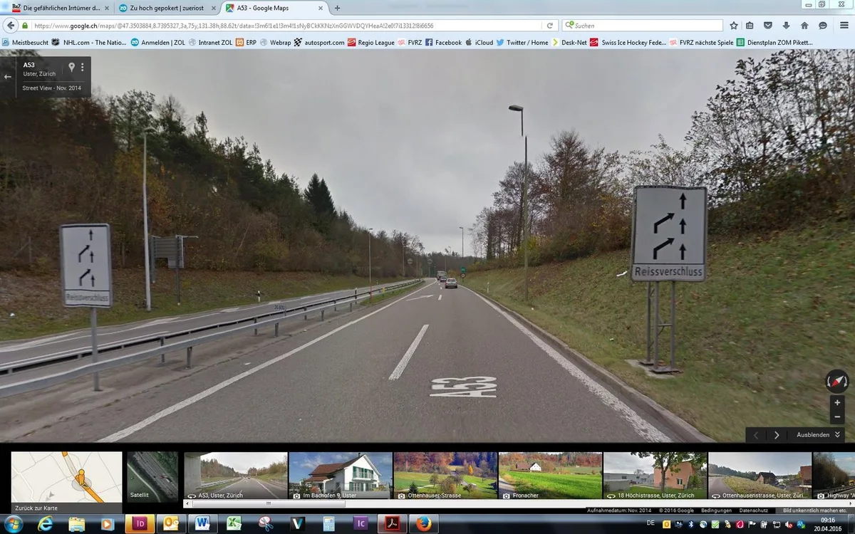 Simple Tafel, unmögliche Umsetzung: der Reissverschluss am Autobahnende Richtung Aatal. (Bild: Google Street View)