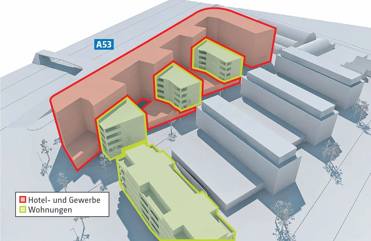 Das Hotel (rot) soll als Lärmriegel für die dahinter liegende Wohnsiedlung dienen. (Visualisierung Andreas Steiner)