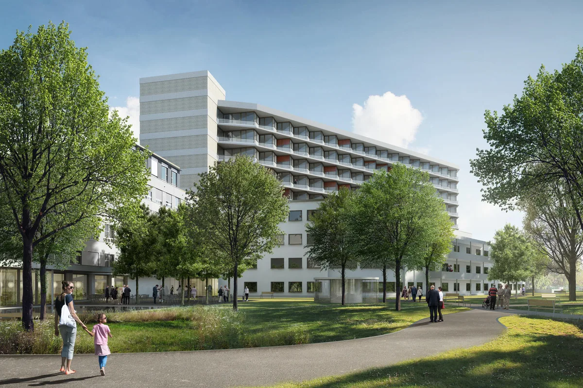 spital_uster_visualisierung_park_0 Die Visualisierung zeigt, wie das erweiterte Spital Uster dereinst aussehen würde. (Bild: zvg)