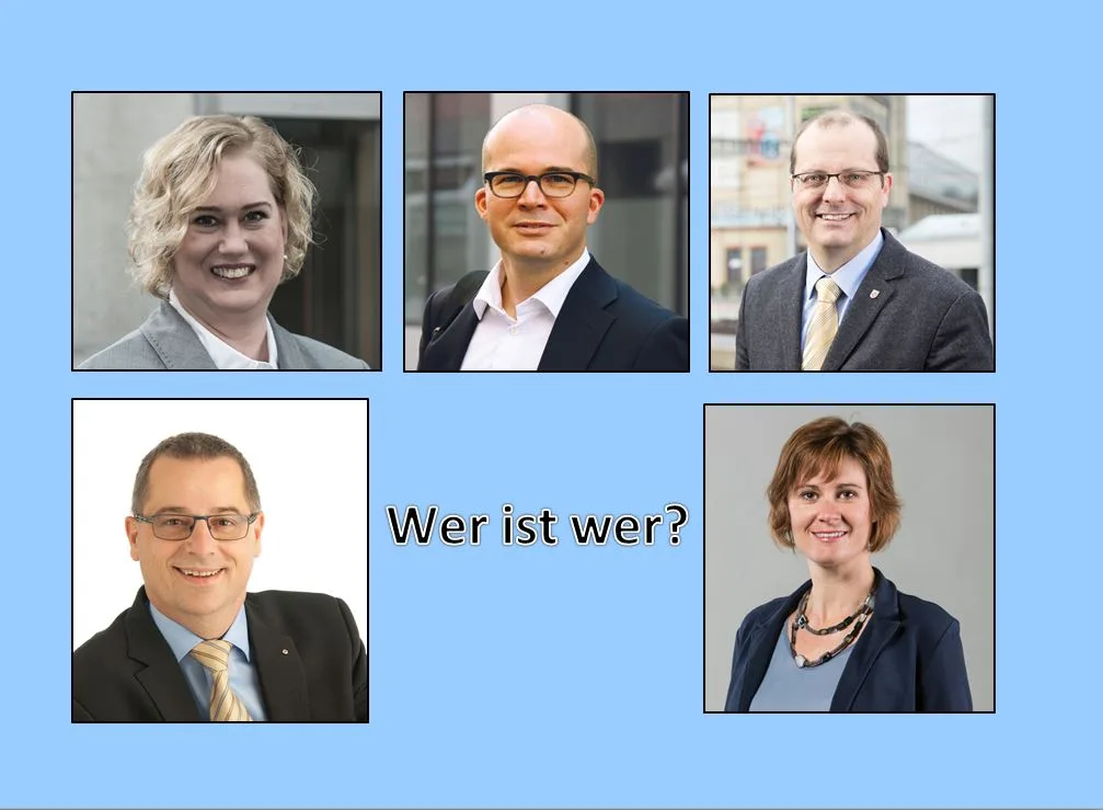 Mit diesem Plakat wurden die zufällig befragten Winterthurer konfroniert. 
Obere Reihe: Christa Meier (SP), Michael Zeugin (GLP) und Jürg Altwegg (Grüne). 
Untere Reihe: Daniel Oswald (SVP) und Barbara Huizinga-Kauer (EVP).
Plakat: tas.