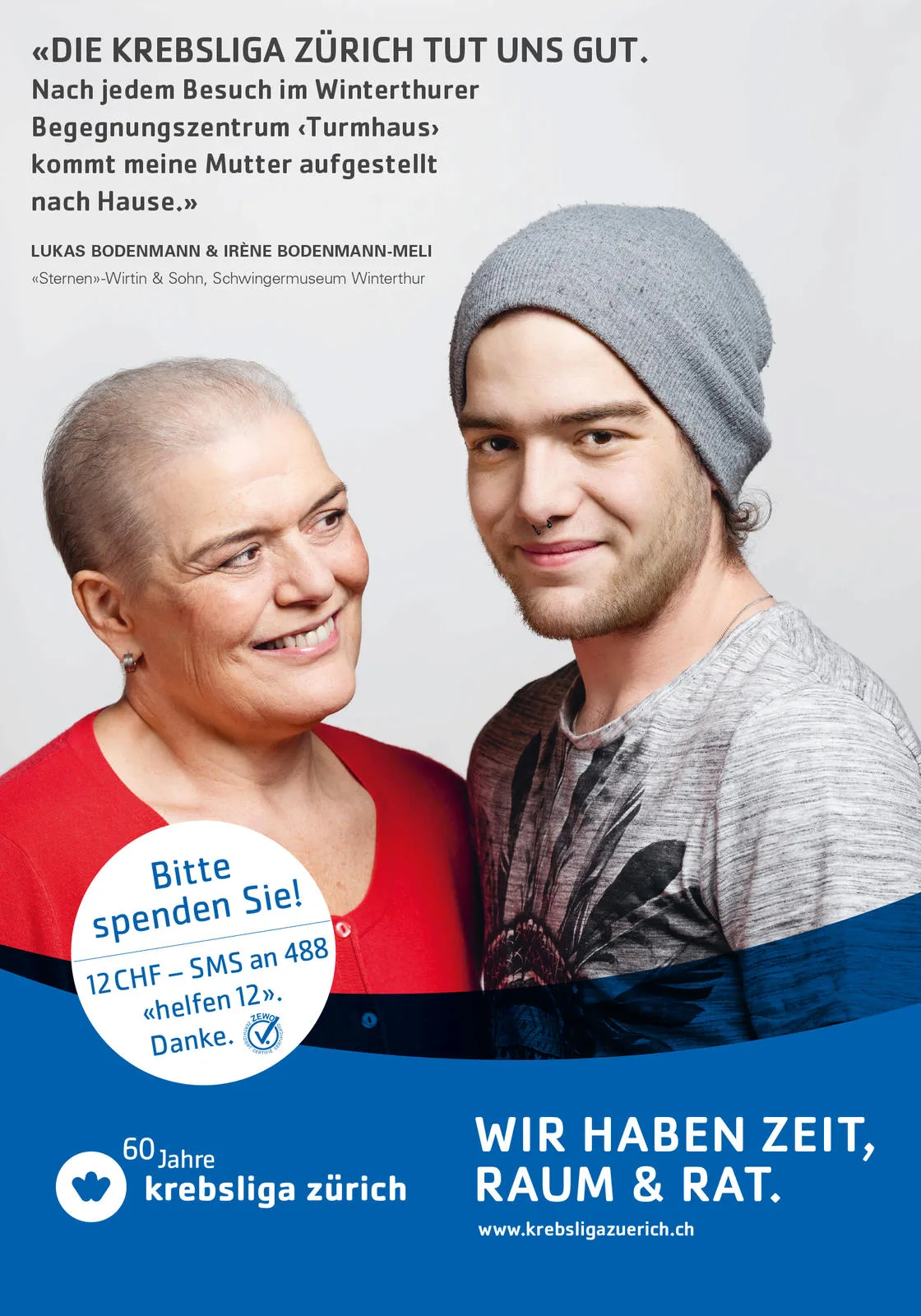 plakat-gut-bodenmann-die-krebsliga-tut-uns Irène Bodenmann-Meli und ihr Sohn Lukas sind der Krebsliga Zürich dankbar für ihre Unterstützung. (Bild: Krebsliga Zürich)