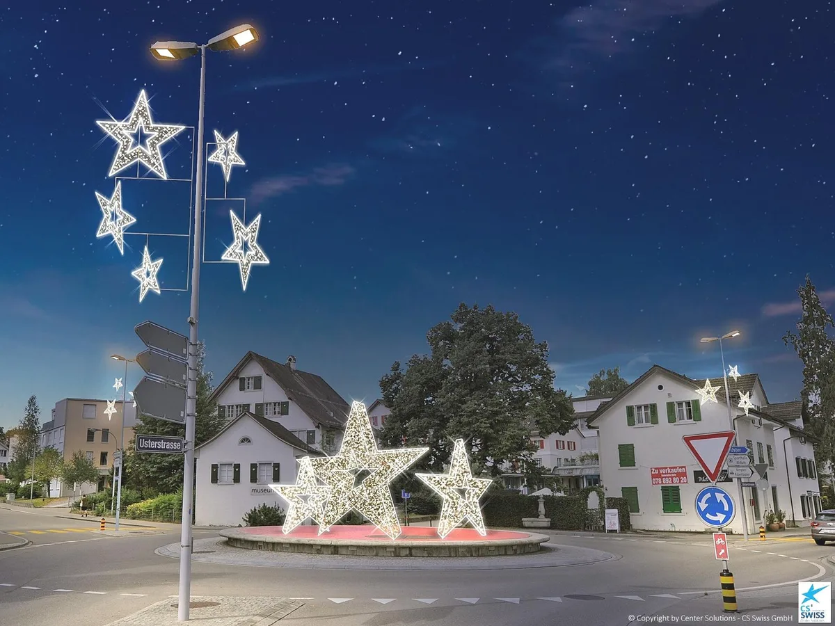 kreiseldekoration_2 Auch die Kreisel sollen erleuchten: Die Sterne in Grossversion. (Visualisierung: zvg), Sterne an den Kandelabern: So soll Wetzikon zu Weihnachten leuchten. (Visualisierung: zvg)