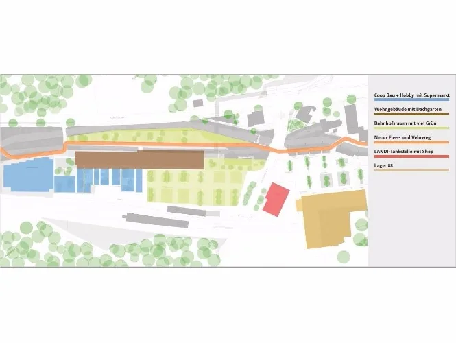 test So sieht die geplante Arealüberbauung der Hiag aus: Rot ist die umstrittene geplante Landi-Tankstelle, wo heute das einstige «Alcatraz» steht. (Grafik: Reto Grendene)