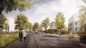 visu Beispielhafte Visualisierung einer ÖV-Achse in der Riedstrasse. Angrenzend an die Strasse können die bestehenden Quartiere punktuell weiter entwickelt werden. (Foto: Atelier Brunecky/Projektteam)