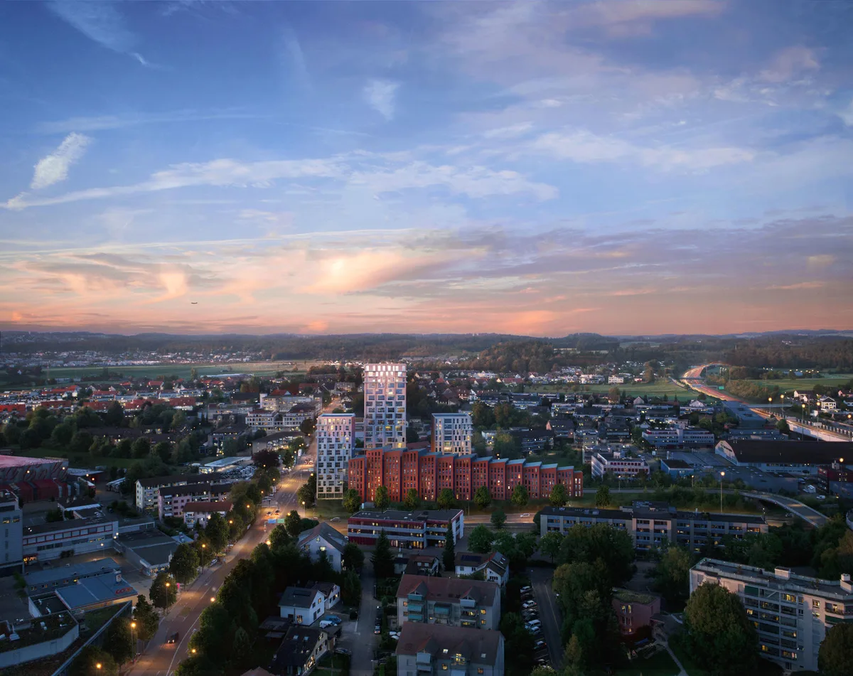 Das Richtprojekt «Brüttiseller Tor» mit 190 Wohnungen. , Im blauen Bereich darf 80 Meter hoch gebaut werden, im roten 40 Meter., Auf diesem Grundstück soll das «Brüttiseller Tor» erstellt werden., Auch diese beiden Gebäude liegen in der Zone, in welcher der Gemeinderat künftig 80 Meter hohe Gebäude erlauben will.