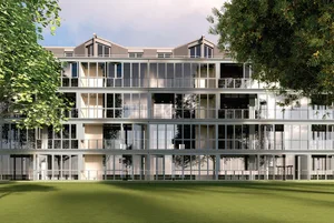 visu2 Ein Teil der Wohnungen verfügt über einen südseitigen Wintergarten., Im Untergeschoss des Neubaus wird eine Tiefgarage erstellt., Im Untergeschoss des Neubaus wird eine Tiefgarage erstellt., Im Untergeschoss des Neubaus wird eine Tiefgarage erstellt., Die Wohnungen auf der Strassenseite verfügen über eine Loggia.