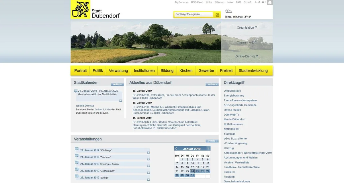 site Vom Design her supersachlich, aber wenig übersichtlich: die Startseite von www.duebendorf.ch., Auf der mobilen Version von Dübendorf-Online gehts zu und her wie in der digitalen Steinzeit., Die Dübi-App ist zwar auch veraltet, enthält aber Zusatzdienste wie etwa eine Abo-Funktion.