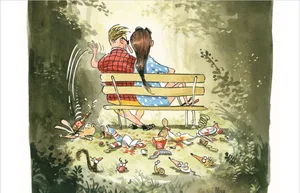 abfall_0 Cartoons von Max Spring illustrieren den Wald-Knigge. , 1. Wir sind als Gast willkommen. 2. Wir geniessen die Ruhe und Langsamkeit. , 3. Wir bleiben auf den Wegen. 4. Wir beschädigen und hinterlassen nichts. , 5. Wir fragen nach, bevor wir etwas installieren. 6. Wir achten auf die Forstarbeit. , 7. Wir sind uns der Gefahren in der Natur bewusst. 8. Wir halten Hunde unter Kontrolle. , 9. Wir sammeln und pflücken mit Mass. 10. Wir respektieren die Nachtruhe im Wald.
