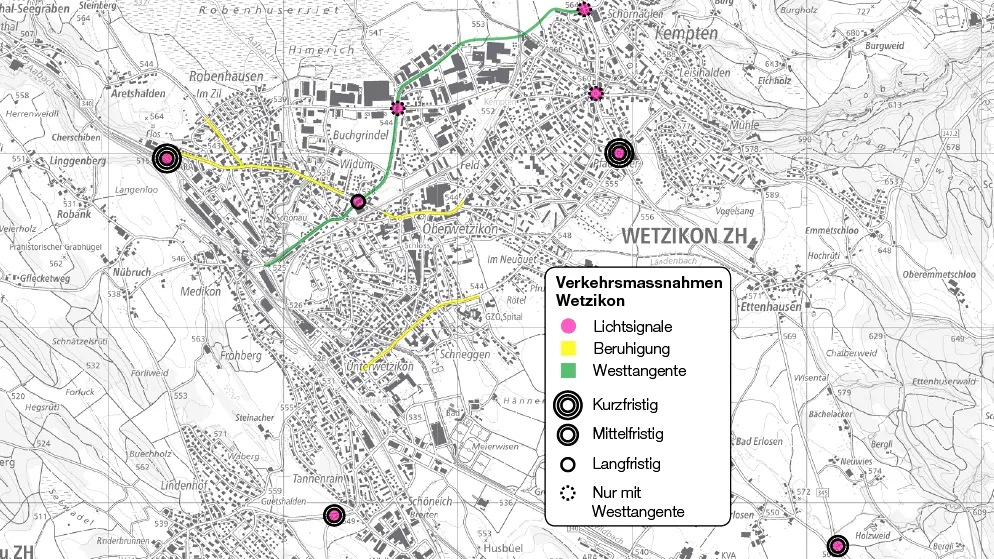 Eine Karte von Wetzikon mit verkehrsberuhigenden Massnahmen