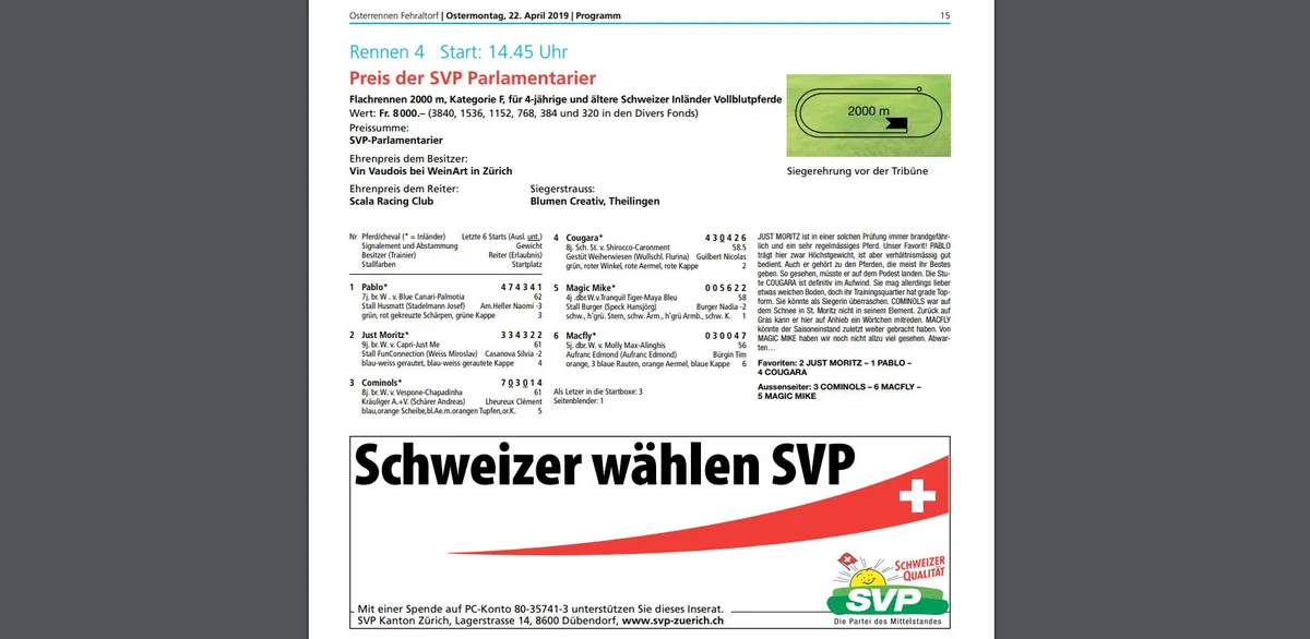 rennprogramm_3 SVP Parlamentarier sponsern ein Preisgeld von 8000 Franken, unterhalb ruft die SVP Kanton Zürich zu Spenden auf.