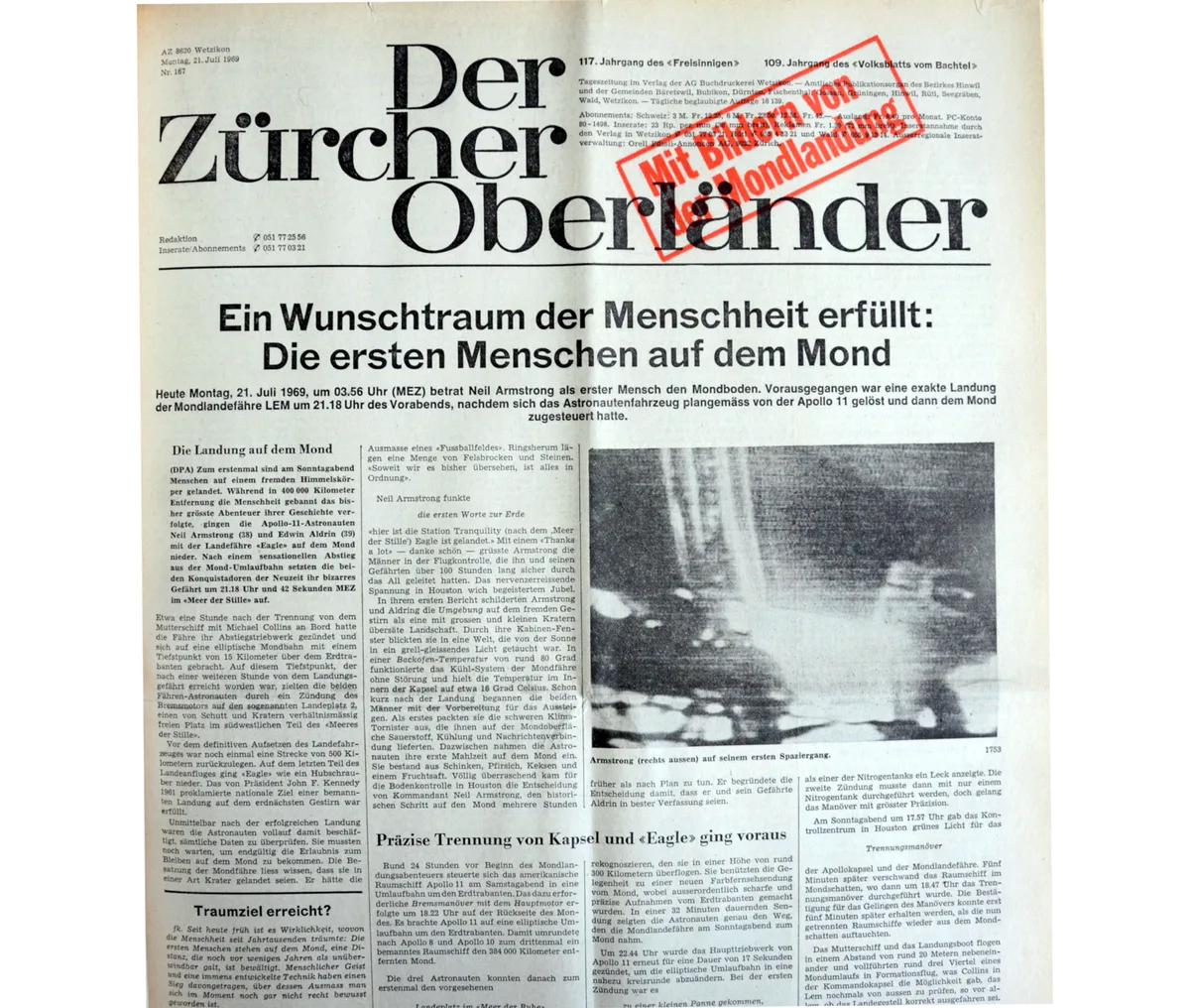 So titelte der Zücher Oberländer am Tag nach der Mondlandung. (Bild: Archiv)
