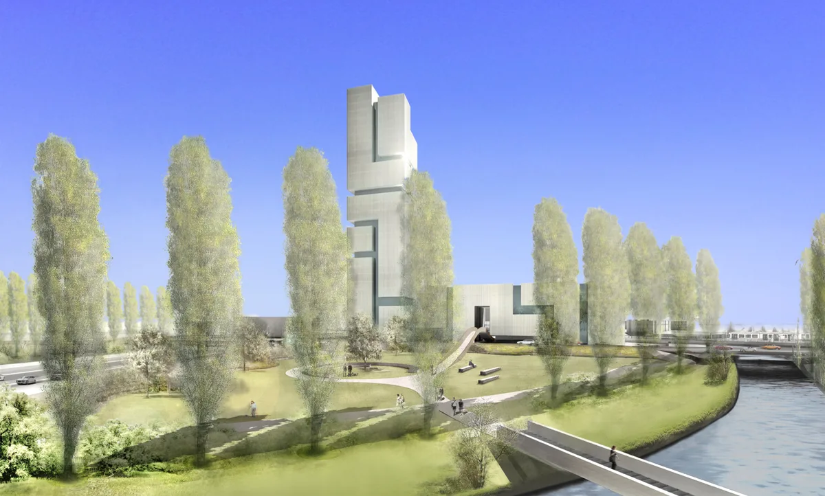 Das war der ursprüngliche Plan: Ein 114 Meter hohes Wohn- und Geschäftshaus, und daneben eine Parklandschaft., Das 35'000 Quadratmeter grosse Areal ist bestens erschlossen. , Das Projekt wirkte wie aus riesigen Bauklötzen zusammengefügt; sinnigerweise hiess es «Tetris»., Das Grundstück, auf dem die Überbauung realisiert werden kann., Eine künftige Überbauung wird eine eigene Glattalbahn-Haltestelle haben.