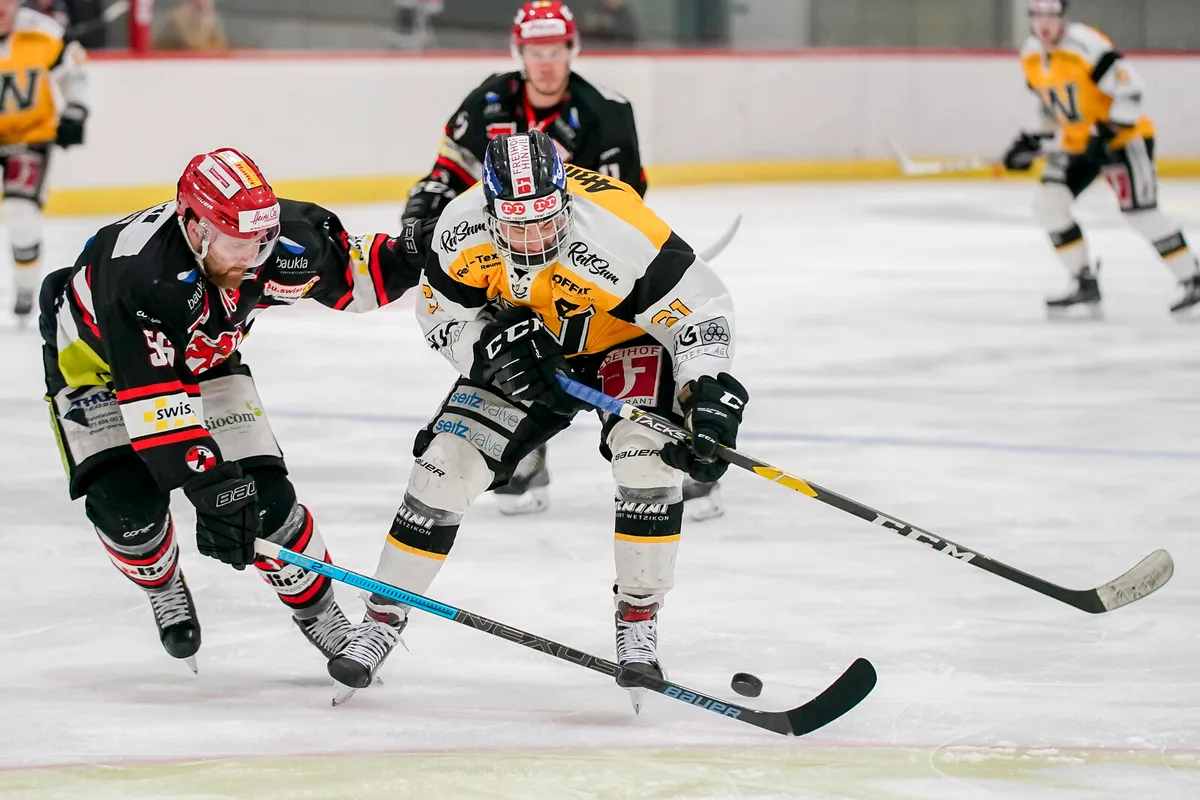 sport_10032020_eishockey_crm_15 Das Duell zwischen Frauenfeld und Wetzikon (Kevin Eggimann, rechts) findet auch künftig in der 1. Liga statt., Die Dürnten Vikings (rechts) spielen wie der EIE auch nächste Saison in der 2. Liga.