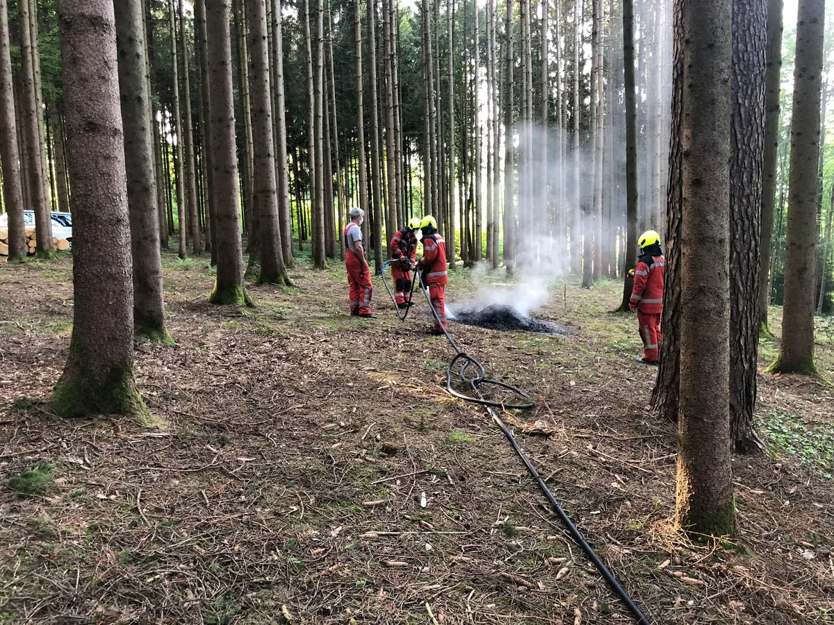 Den Brand löschten die Feuerwehrleute mit Wasser aus einem nahen Teich., Alarmiert worden waren sie von einem Passanten.