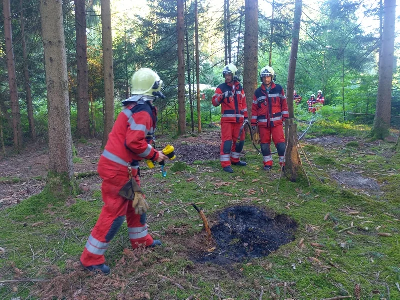 img_20200729_191705 Ein verlassenes Feuer in Fehraltorf stellte eine Gefahr für den Wald und die weitere Umgebung dar - die Feuerwehr griff ein., Entdeckt wurden die Flammen von Samuel Brélaz aus Fehraltorf., Die Feuerwehr bewässerte die Stelle und das Gebiet darum herum grosszügig. , Wäre das nicht geschehen, hätte sich die Hitze unterirdisch verbreitete und Schäden angerichtet.