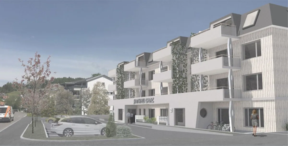 hittnaucare Der Neubau gliedert sich zwischen Mehrfamilienhaus und Migros ein und wird ebenfalls ein Schrägdach haben.