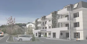 hittnaucare Der Neubau gliedert sich zwischen Mehrfamilienhaus und Migros ein und wird ebenfalls ein Schrägdach haben.
