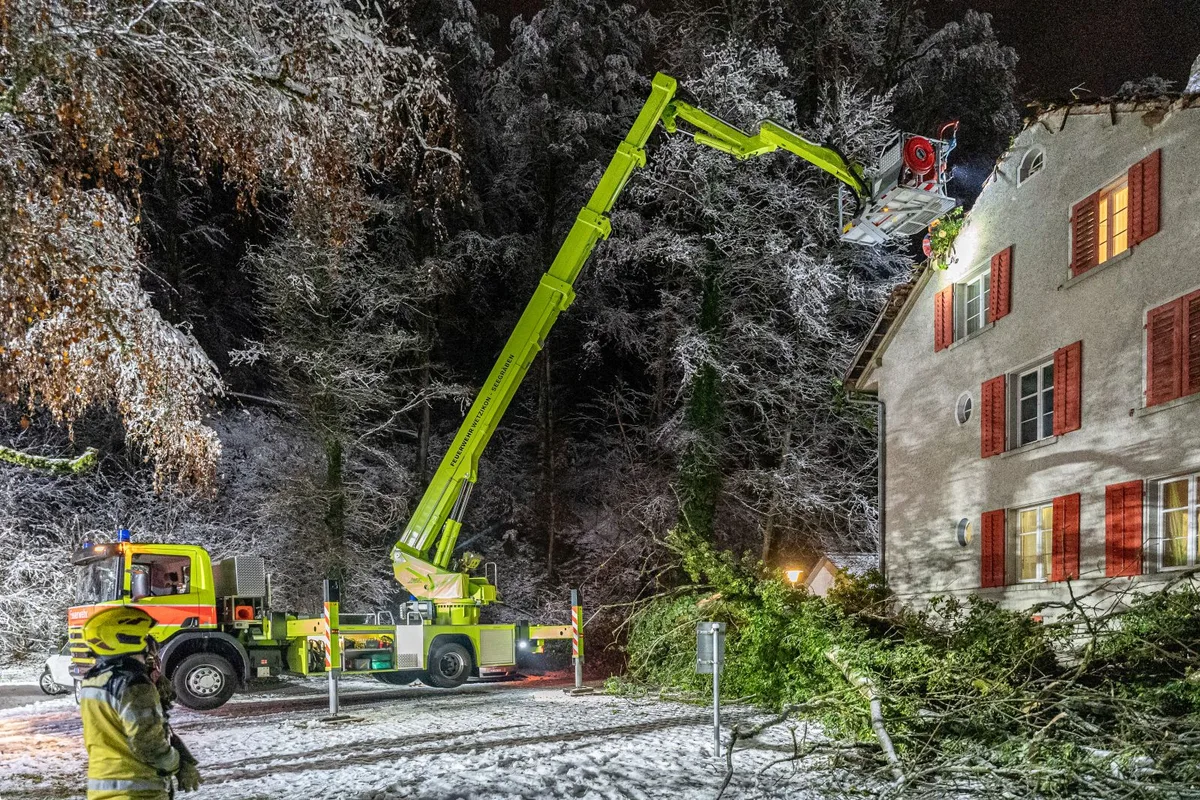 dsc09506_-_20201207_-_unbenannt Ein Baum fiel in Aathal auf ein Hausdach., Die Feuerwehr musste Rückstände vom Dach nehmen, um Unfälle zu verhindern., Aber auch der Eingang des Hauses war fast nicht mehr betretbar.