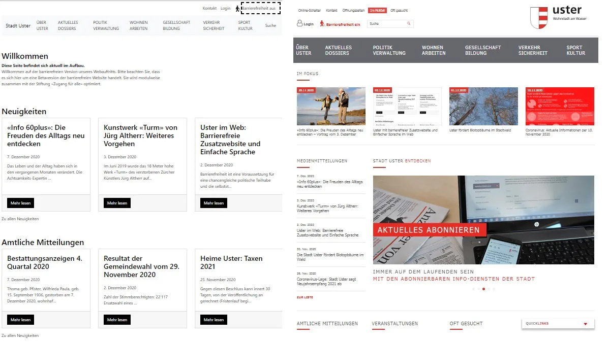 Die beiden Versionen im Vergleich: Rechts die gewohnte Website, links die barrierefreie.