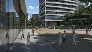 visualisierung_three_point_schulanlage_duebendorf_preview_1 Zur Schuleinheit würde auch ein grosser Aussenraum gehören, und eine Turnhalle, aber die muss separat bewilligt werden.