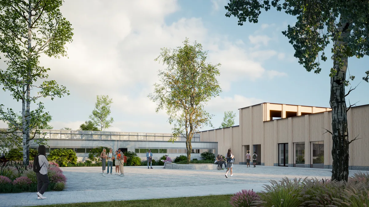 Das Gebäude links zeigt die schon bestehende Dreifachturnhalle, das rechts die neue Mehrzweckhalle. (Visualisierung: PD)