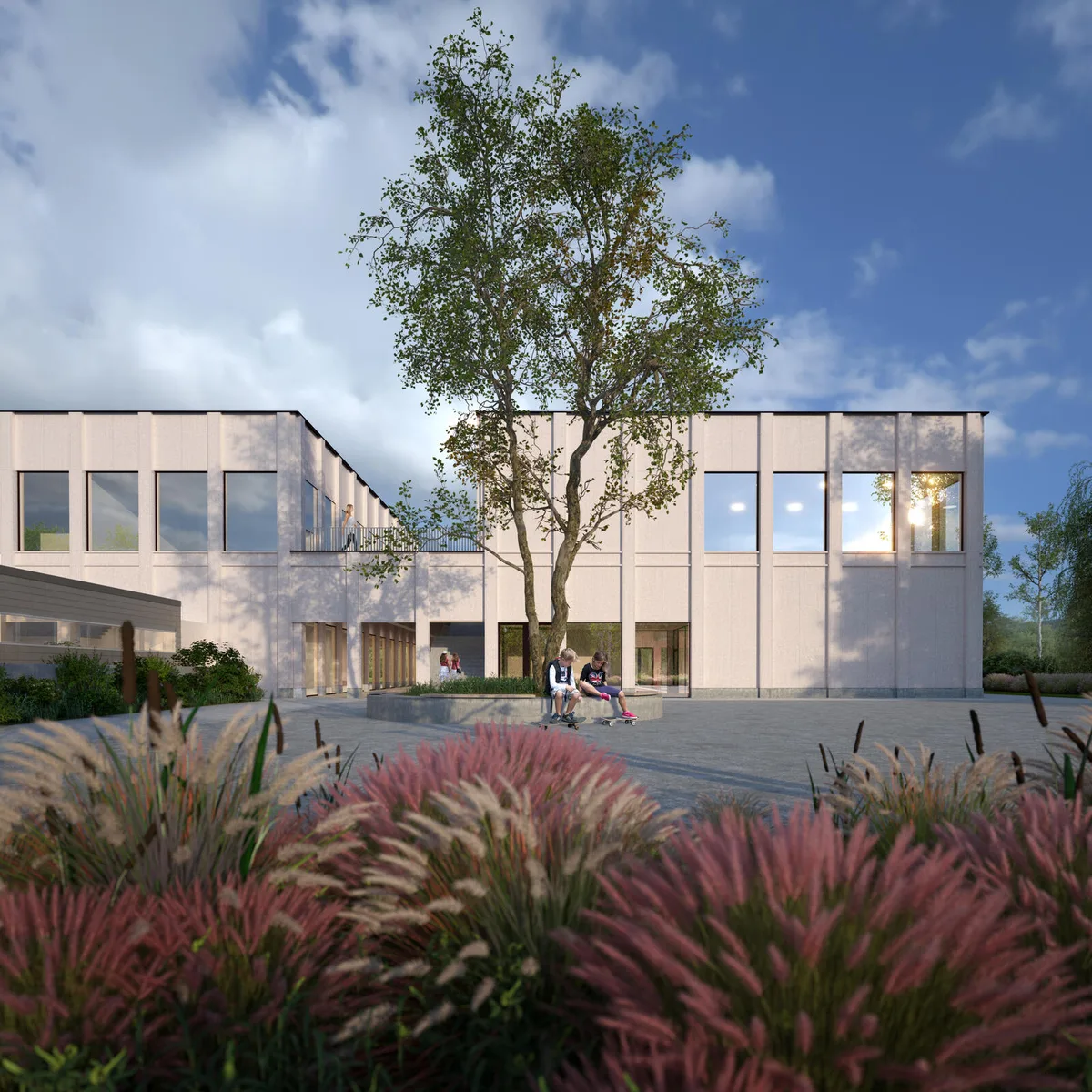 ansicht_west_aufstockung Die neue Mehrzweckhalle mit Lehrschwimmbecken wird als Generationenprojekt bezeichnet., Die alte Halle ist 47-jährig und soll einem Neubau weichen., Im Schwimmbecken sind vier Bahnen mit einer Länge von knapp 17 Metern geplant., Aufgrund der steigenden Schülerzahlen wird den Fehraltorfern auch eine Aufstockung des Schulraums vorgelegt., Wird diese angenommen, werden die Schulräume auf der neuen Sporthalle gebaut., Wird der Antrag abgelehnt, wird die Halle in etwa so aussehen.
