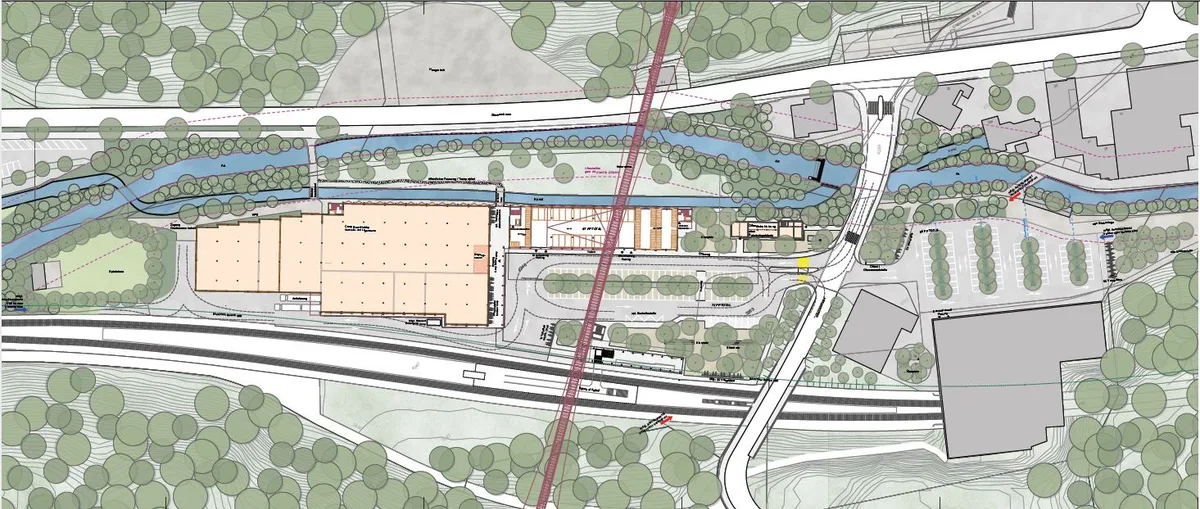 Rot eingezeichnet ist die geplante Fussgängerbrücke übers Aatal.